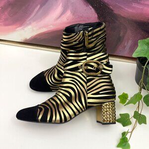KURT GEIGER LONDON MAYFAIR ANKLE BOOT in Black Gold zebra printed Size 36/ US 6